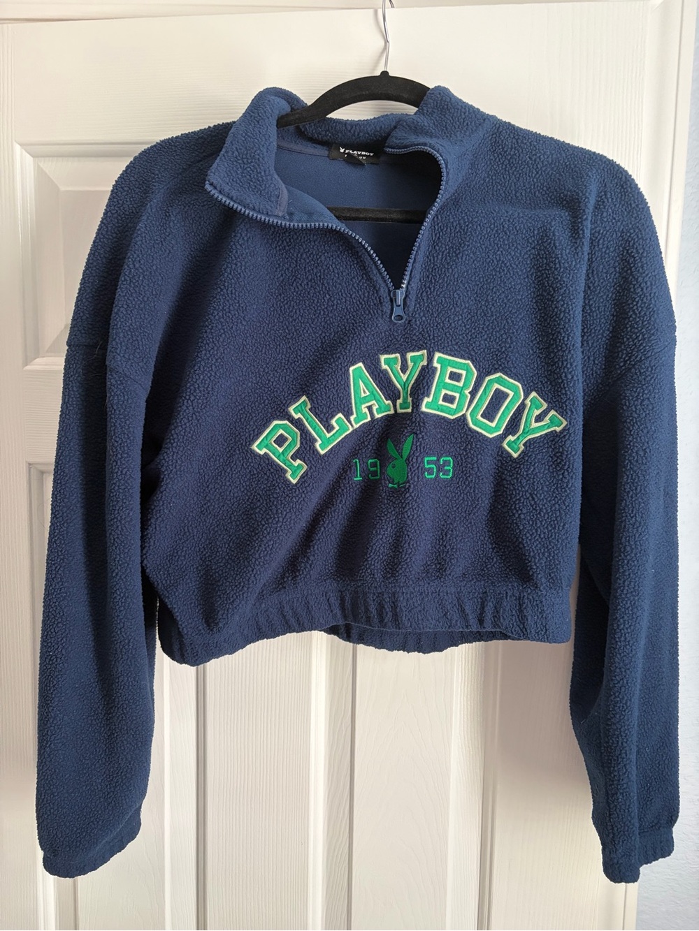PLAYBOY Navy Cropped Half-Zip Fleece with Green Logo
